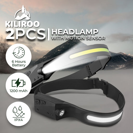 KILIROO 2PCS LED Rechargeable Headlamp with Motion Sensor (Black and Yellow) KR-HL-100-YE