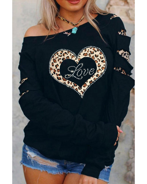 Azura Exchange Leopard Rhinestone Heart Graphic Sweatshirt - M