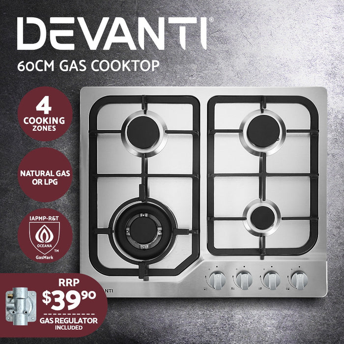 Danoz Direct - Devanti Gas Cooktop 60cm 4 Burner Silvir