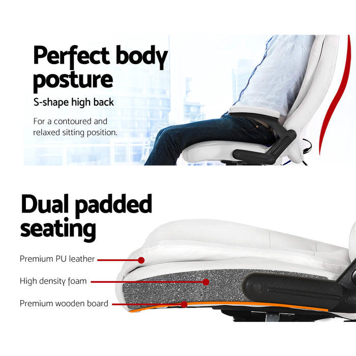 Danoz Direct - Artiss 8 Point Massage Office Chair Heated Seat Recliner PU White