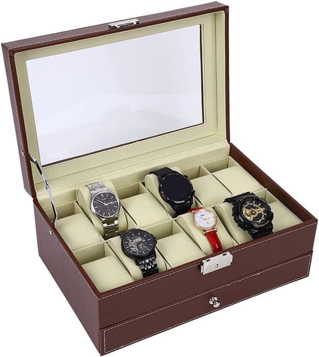 Danoz Direct - 12 Slot PU Leather Lockable Watch and Jewelry Storage Boxes (Brown)