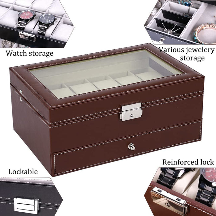 Danoz Direct - 12 Slot PU Leather Lockable Watch and Jewelry Storage Boxes (Brown)