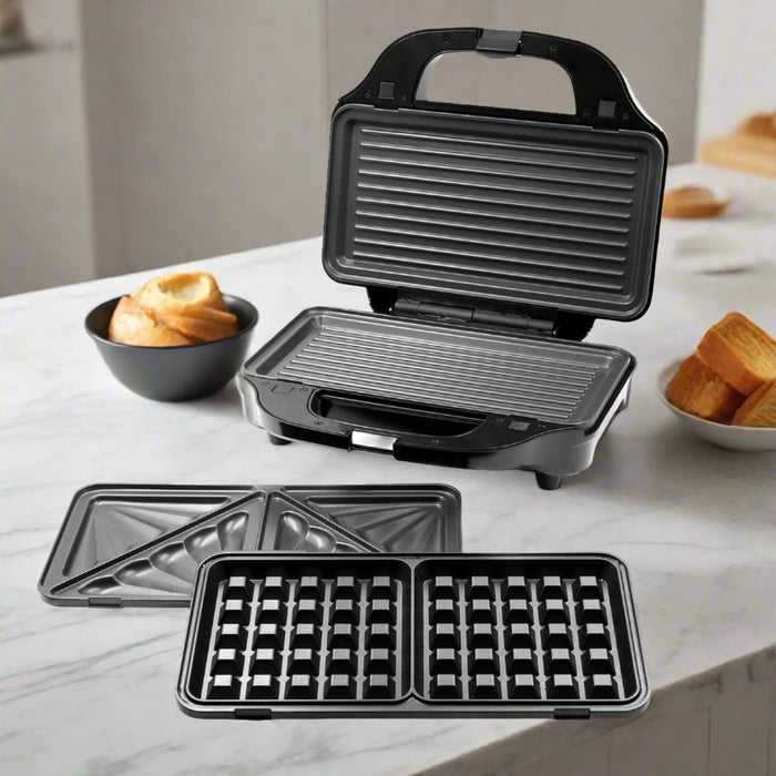 Danoz Direct - Sandwich Press w/ 3 Interchangeable Plates Incl Toasties & Waffles