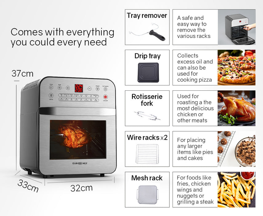 Danoz Direct - EUROCHEF 16L Digital Air Fryer Electric Airfryer Rotisserie Large Big Dry Cooker, Silver