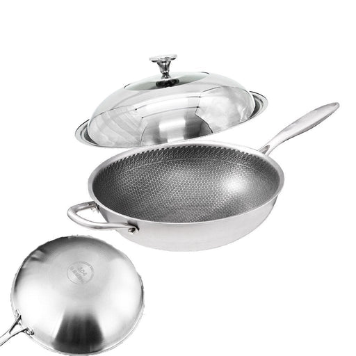 Danoz Direct - 304 Stainless Steel 32cm Non-Stick Stir Fry Cooking Kitchen Wok Pan with Lid Honeycomb Single Sided