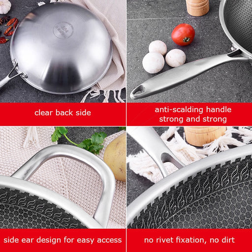 Danoz Direct - 304 Stainless Steel 34cm Non-Stick Stir Fry Cooking Kitchen Wok Pan with Lid Honeycomb Single Sided