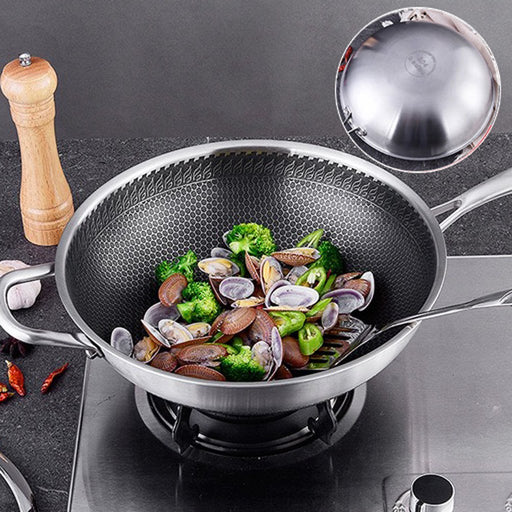 Danoz Direct - 304 Stainless Steel 34cm Non-Stick Stir Fry Cooking Kitchen Wok Pan with Lid Honeycomb Single Sided