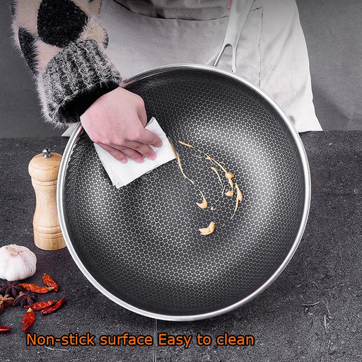 Danoz Direct - 34cm 304 Stainless Steel Non-Stick Stir Fry Cooking Kitchen Wok Pan without Lid Honeycomb Single Sided