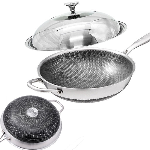 Danoz Direct - 304 Stainless Steel 32cm Non-Stick Stir Fry Cooking Kitchen Wok Pan with Lid Honeycomb Double Sided