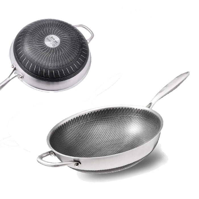 Danoz Direct - 304 Stainless Steel 34cm Non-Stick Stir Fry Cooking Kitchen Wok Pan with Lid Honeycomb Double Sided