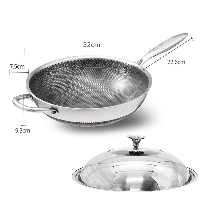 Danoz Direct - 32cm 316 Stainless Steel Non-Stick Stir Fry Cooking Kitchen Wok Pan with Lid Honeycomb Double Sided