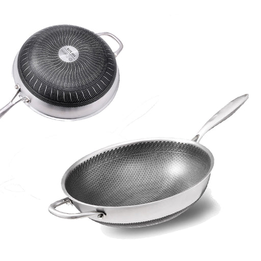Danoz Direct - 304 Stainless Steel 32cm Non-Stick Stir Fry Cooking Kitchen Wok Pan without Lid Honeycomb Double Sided
