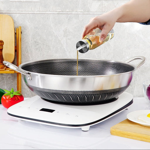 Danoz Direct - 34cm 316 Stainless Steel Double Ear Non-Stick Stir Fry Cooking Kitchen Wok Pan without Lid Honeycomb Double Sided
