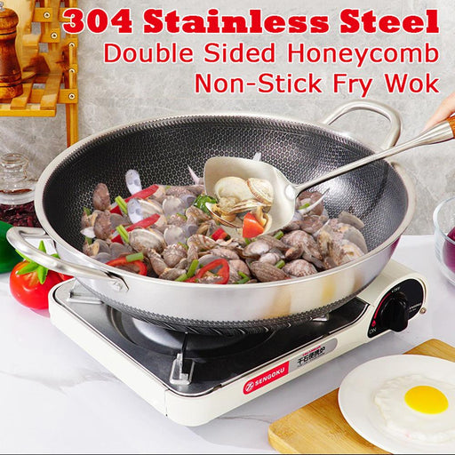 Danoz Direct - 304 Stainless Steel 38cm Non-Stick Stir Fry Cooking Kitchen Double Ear Wok Pan without Lid Honeycomb Double Sided