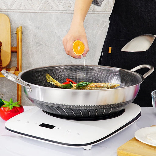 Danoz Direct - 304 Stainless Steel 38cm Non-Stick Stir Fry Cooking Kitchen Double Ear Wok Pan without Lid Honeycomb Double Sided