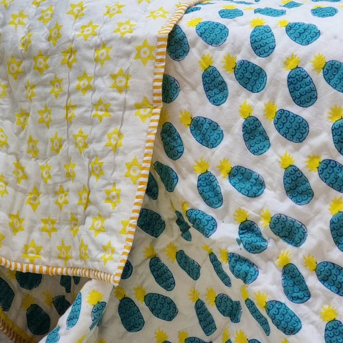 Danoz Direct -  GOTS Certified Organic Cotton Reversible Baby Quilt (100x120cm) - Blue Pineapple