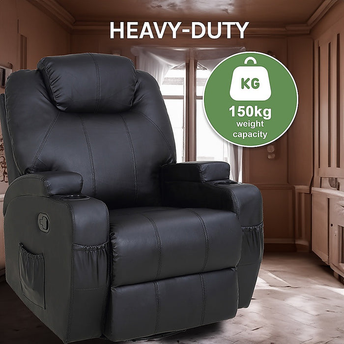 Danoz Direct - Black Massage Sofa Chair Recliner 360 Degree Swivel PU Leather Lounge 8 Point Heated