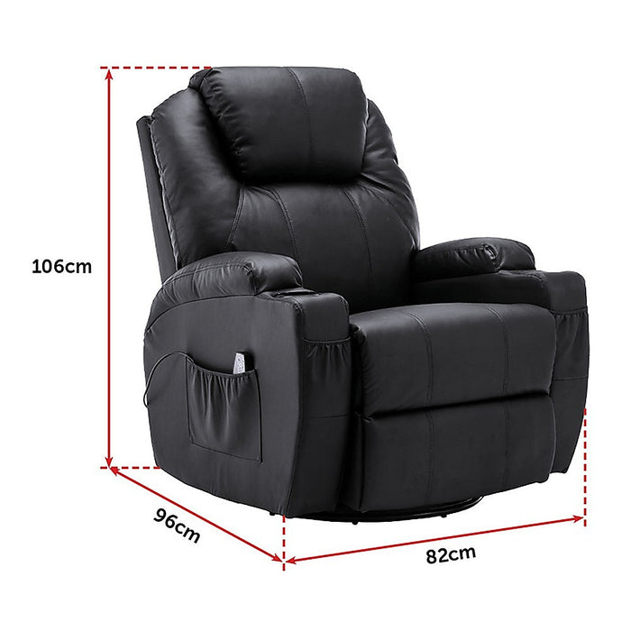 Danoz Direct - Black Massage Sofa Chair Recliner 360 Degree Swivel PU Leather Lounge 8 Point Heated
