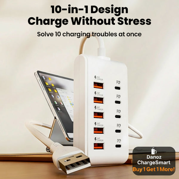 10-in-1 charging station with multiple ports and a smartphone on a wooden surface.