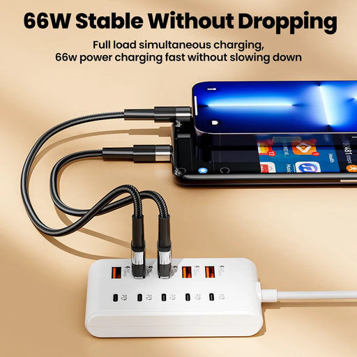 66W power adapter with multiple ports charging a smartphone on a beige background
