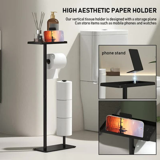 2 - in - 1 Freestanding Toilet Paper Holder - Thick Carbon Steel with Matte Black Finish, Storage Top and 2 * Paper Roll Holder - danozdirect