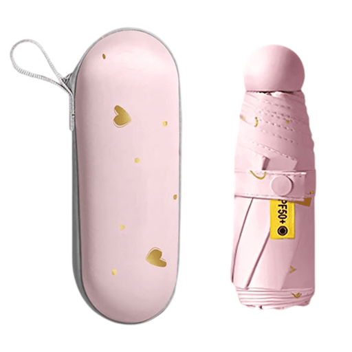 2 - Pack Pink Ultra - Compact 5 - Fold Waterproof All - Weather Umbrella for Women - Heart Pattern, Black Glue UV Protection, 8 - Rib Frame, Portable Capsule Parasol - danozdirect