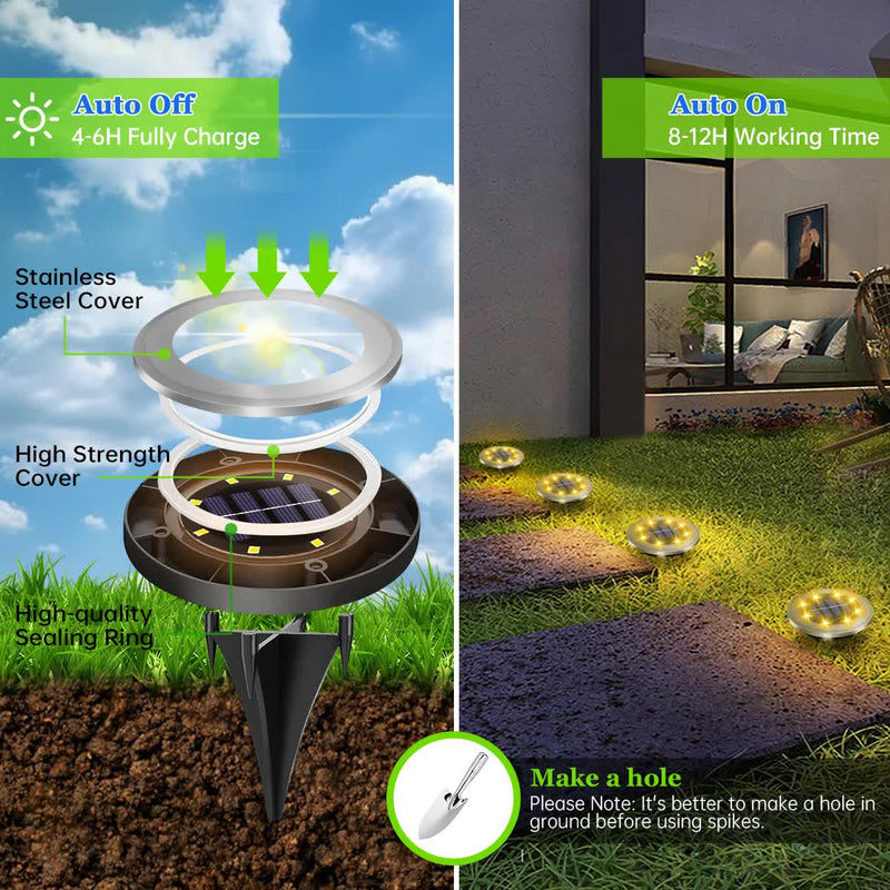 4 - Pack Classic Large 8 LED Solar In - Ground White Light Set (12 x 12 x 13 cm) - Stainless Steel Waterproof Garden Spike Lamps for Lawn & Pathway - danozdirect