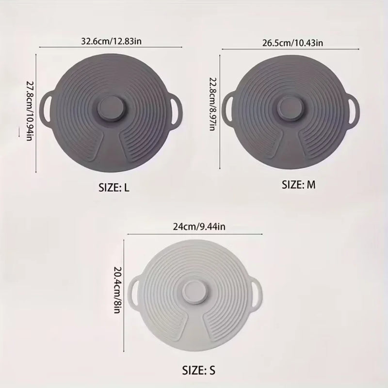 Three sizes of gray silicone lids with measurements on a white background