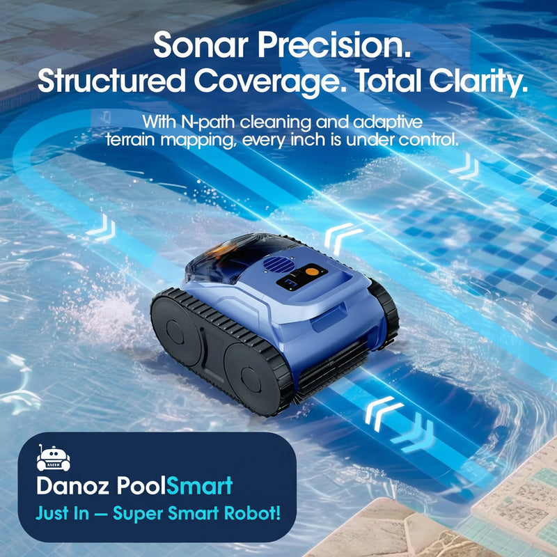Robotic pool cleaner in action with promotional text about sonar precision and structured coverage.