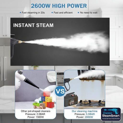 High power steam cleaner with instant steam feature and comparison to other cleaning machines.