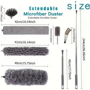 Extendable microfiber duster with various attachments and measurements on a white background