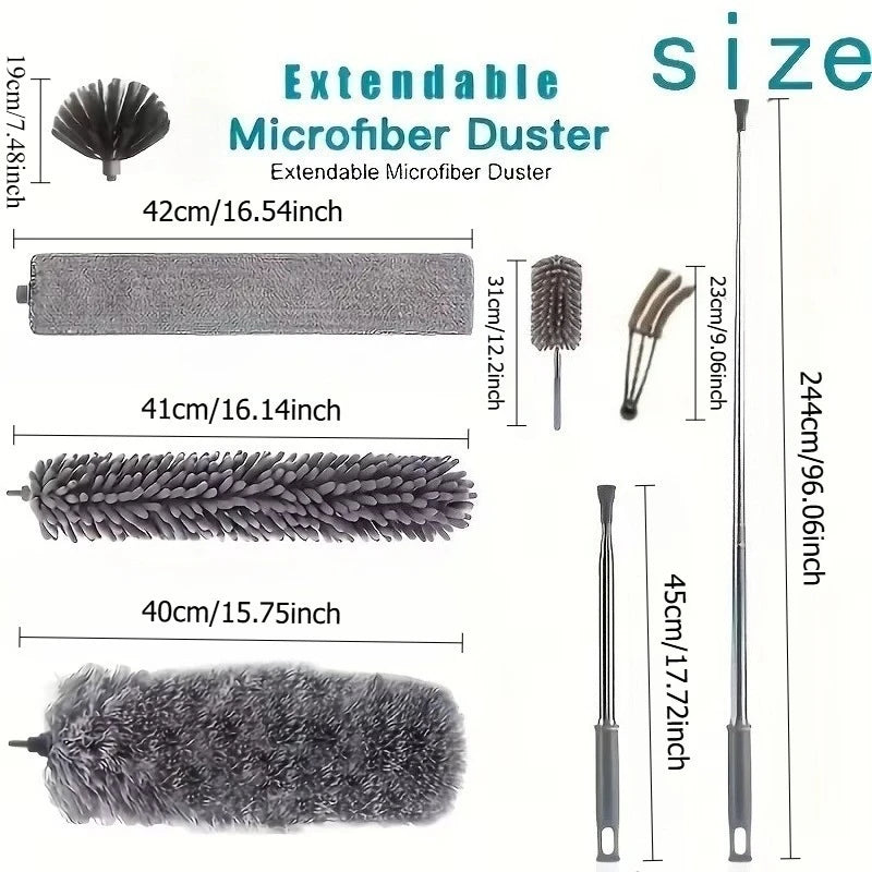 Extendable microfiber duster with various attachments and measurements on a white background