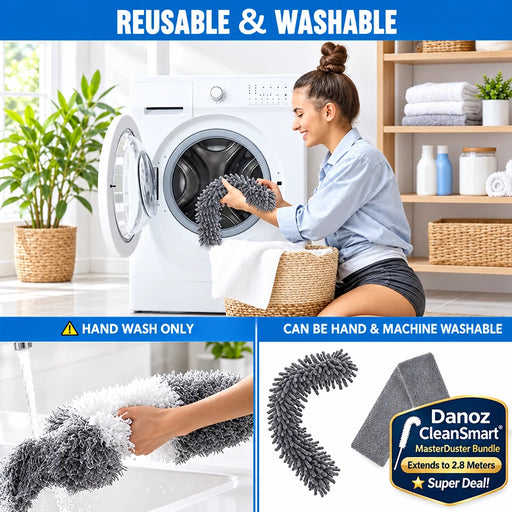 Woman cleaning a dryer with reusable cleaning mitts, showing text about reusability and washability.