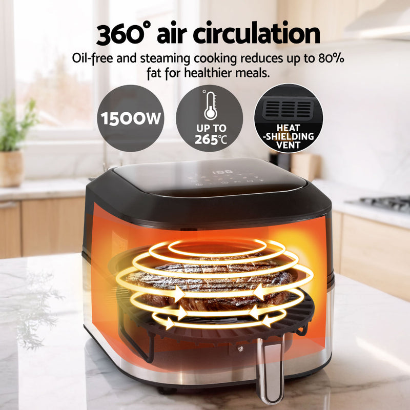 Air fryer with 360-degree air circulation features on a kitchen counter.
