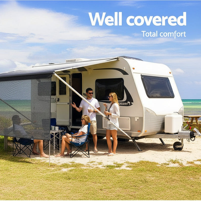 Danoz - Caravan Privacy Screen Roll Out Awning 5.2x1.95M End Wall Side Sun Shade Grey