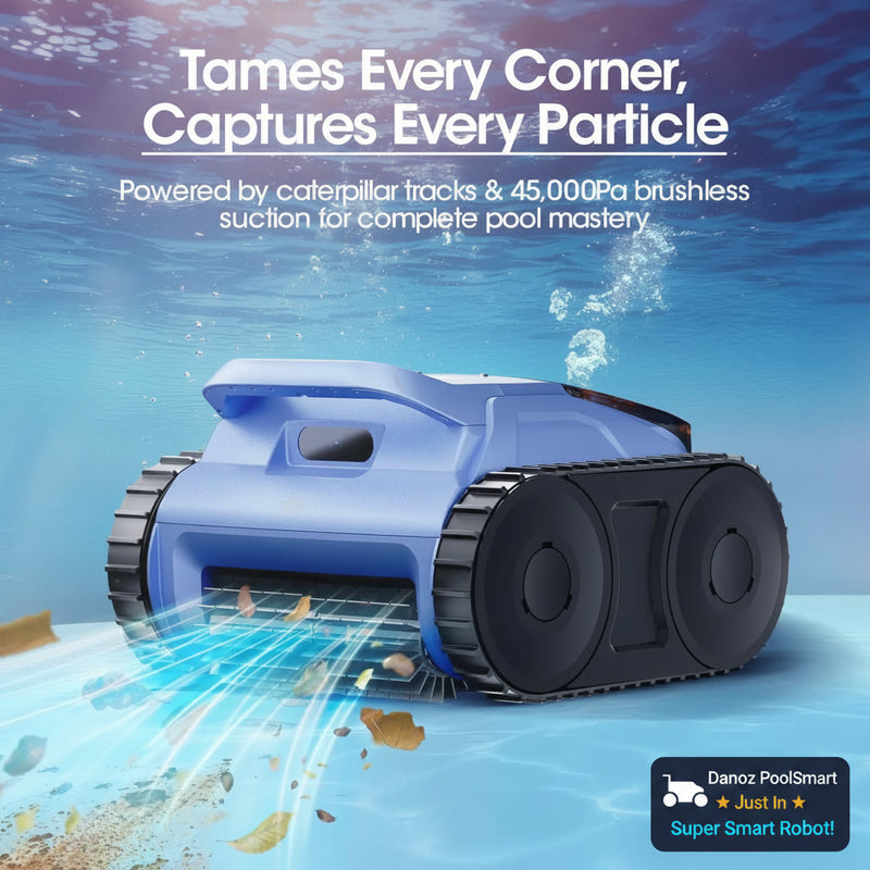 Robotic pool cleaner with caterpillar tracks cleaning a pool, surrounded by water and leaves.