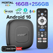 Android TV box with remote control on a blue background, featuring 16GB+256GB storage and various connectivity options.