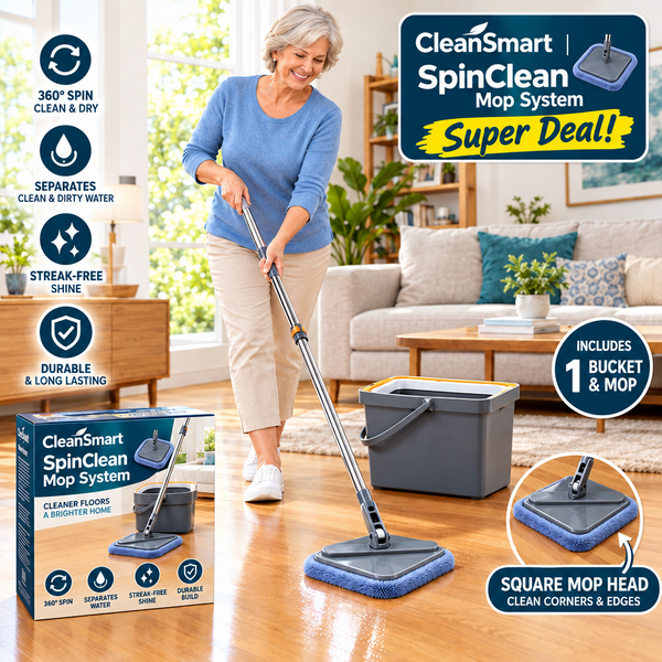 A gray floor mop with a blue microfiber pad and a matching gray wringer bucket, shown in a bright, modern kitchen setting.