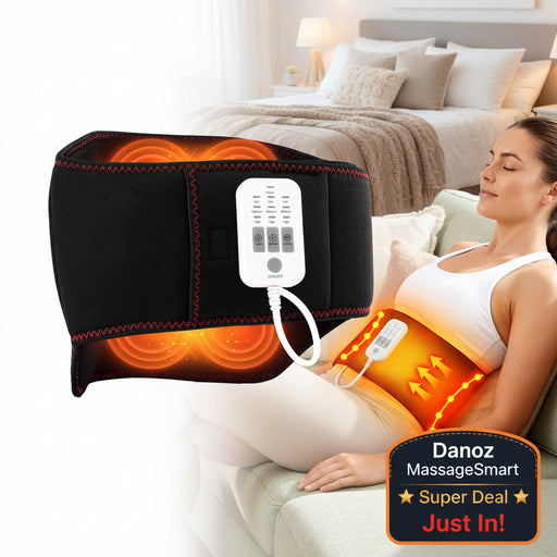 Woman using a heating pad on her waist with glowing orange lights.