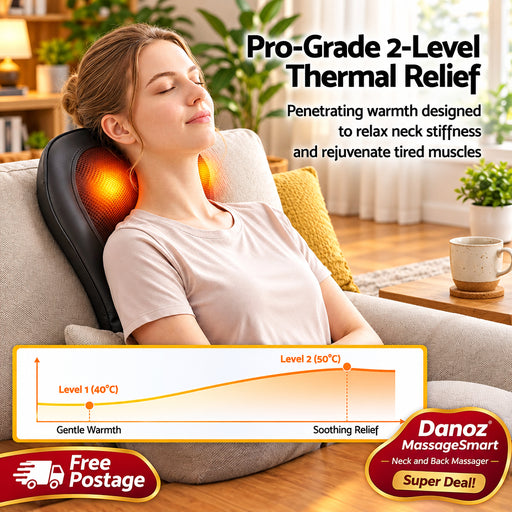 Woman using a neck massager with text about pro-grade thermal relief