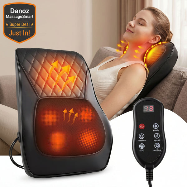 Woman using a massage pillow with heating feature, showing comfort and relief.