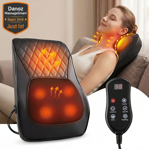 Woman using a massage pillow with heating feature, showing comfort and relief.