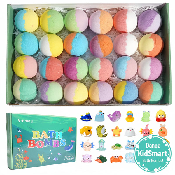 Box of colorful bath bombs with Vremou branding on a white background