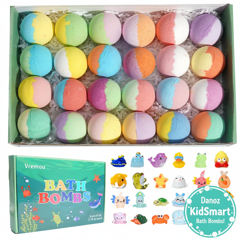 Box of colorful bath bombs with Vremou branding on a white background