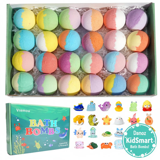 Box of colorful bath bombs with Vremou branding on a white background
