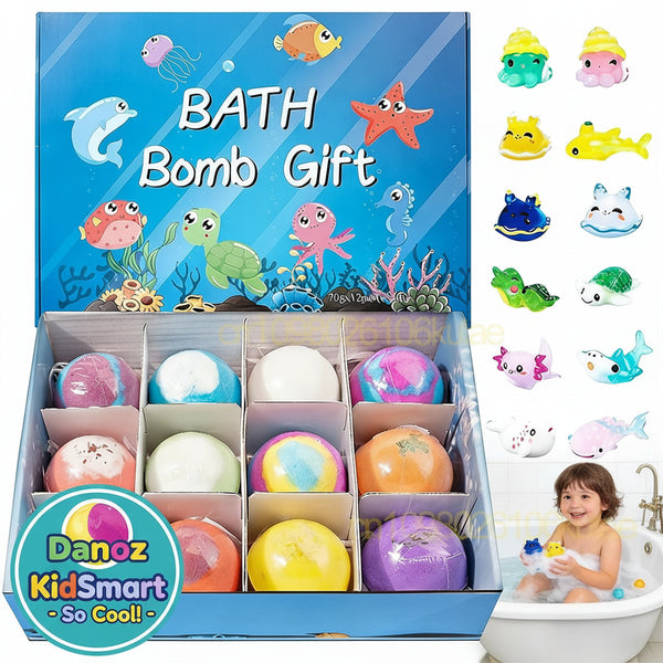 Bath bomb gift set with colorful bath bombs and an ocean-themed box, surrounded by small toy fish figures.