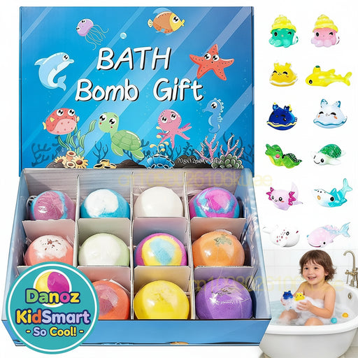 Bath bomb gift set with colorful bath bombs and an ocean-themed box, surrounded by small toy fish figures.