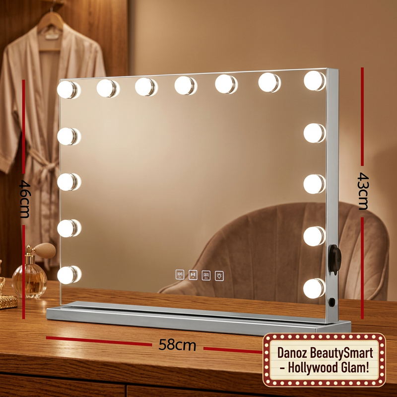 💄 Danoz BeautySmart | Embellir Hollywood Makeup Mirror | 58 × 46cm | 15 Dimmable LEDs | Bluetooth Speaker | 3 Lighting Tones