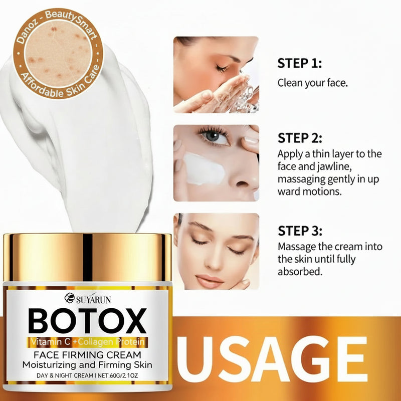 SUYUN BOTOX face firming cream with usage instructions and product packaging.