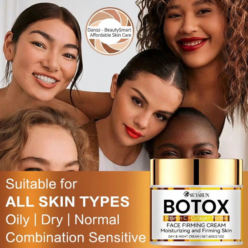 Collage of four women with a Suvarn Botox cream jar on a white background